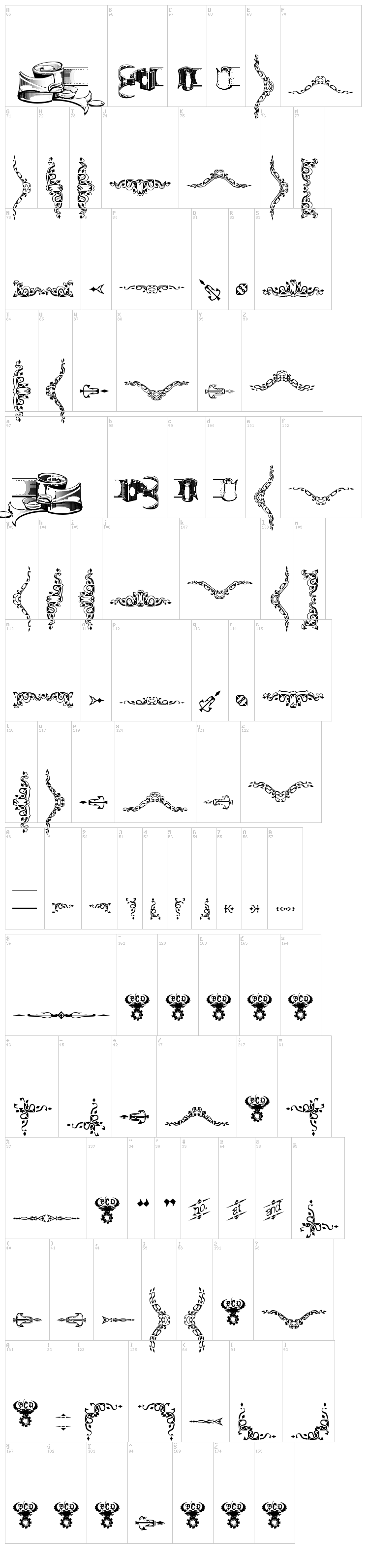 Deborah Extras Ornaments font map